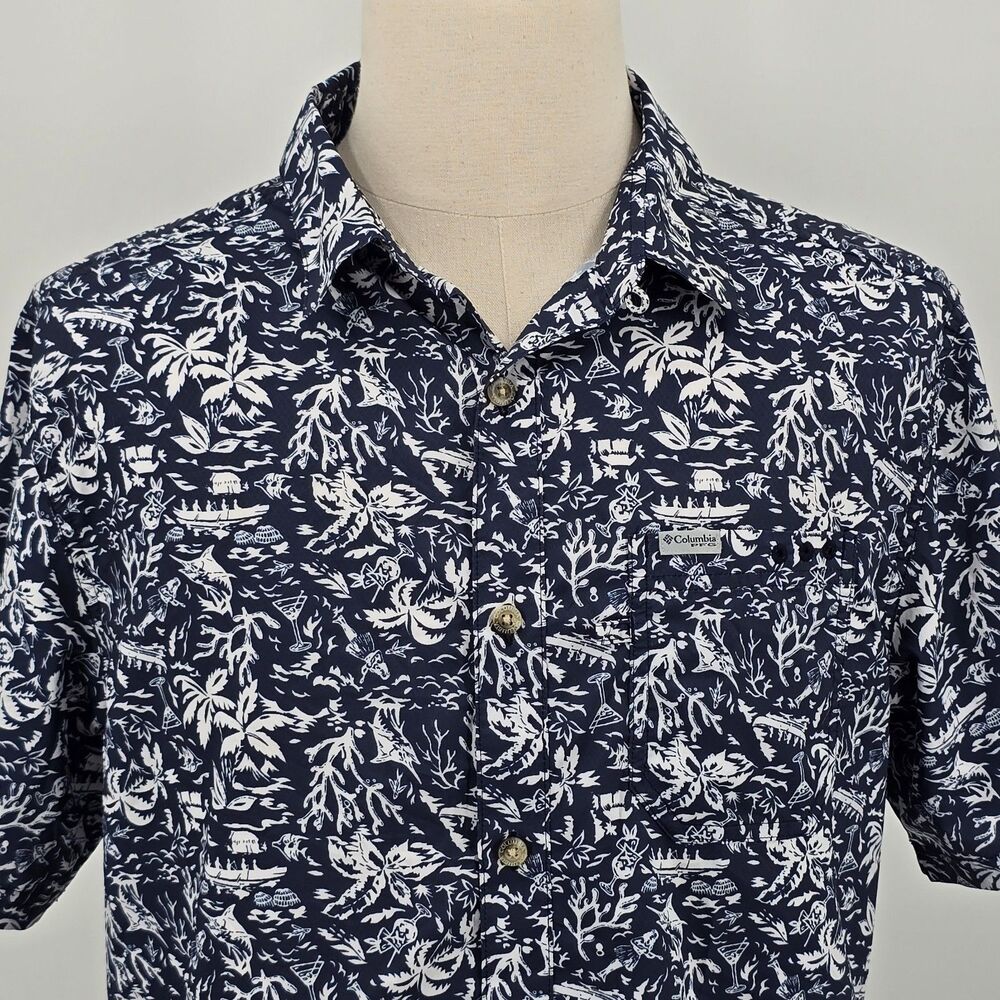 Columbia PFG Vented Fishing Shirt Men's L Blue White Tropical Hawaiian